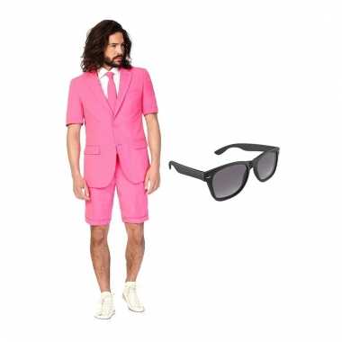 Verkleed roze net heren kostuum maat (l) gratis zonnebril carnaval